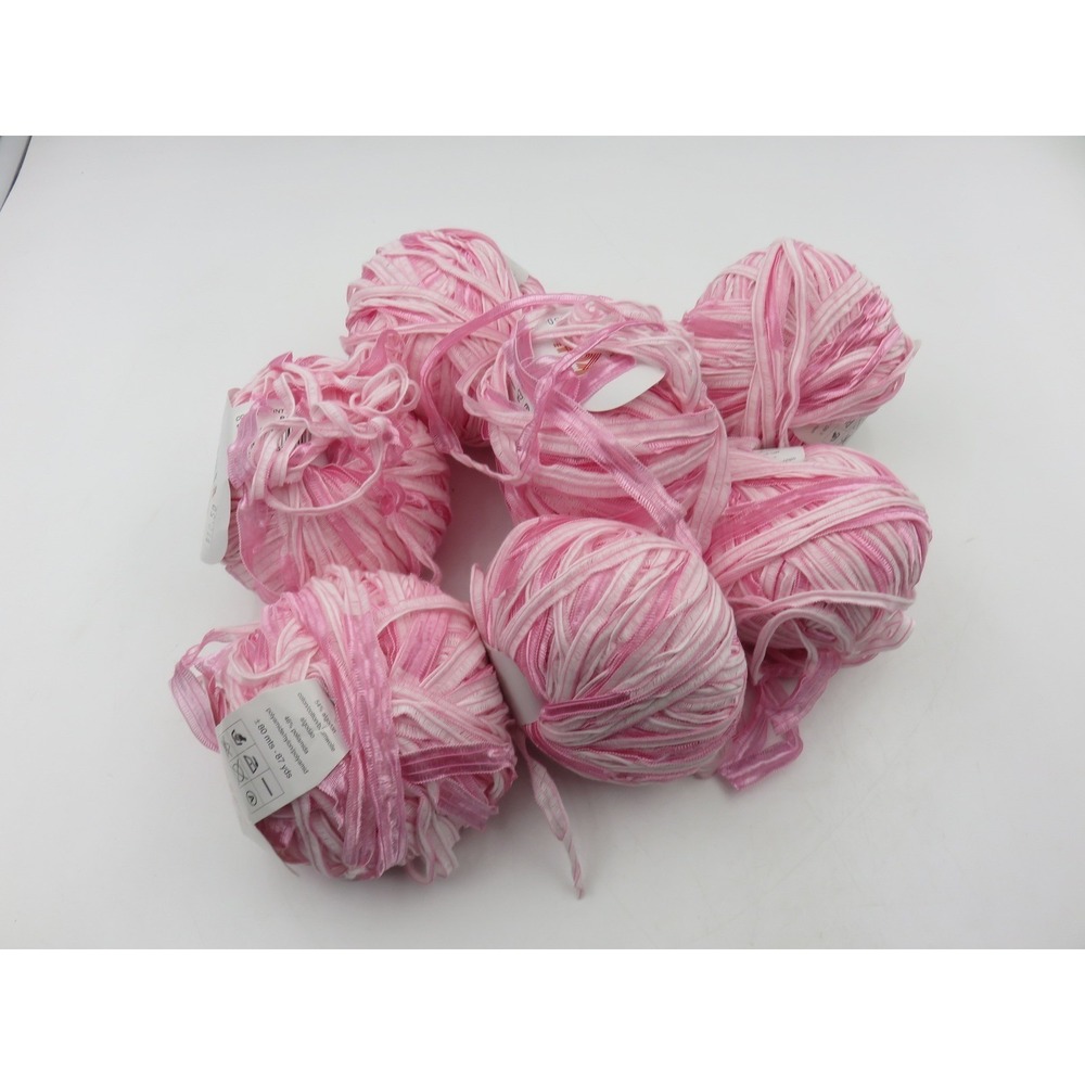Katia Pinta Ribbon Yarn Pink White Variegated Color 14 Lot of 7 Balls 87yds Each